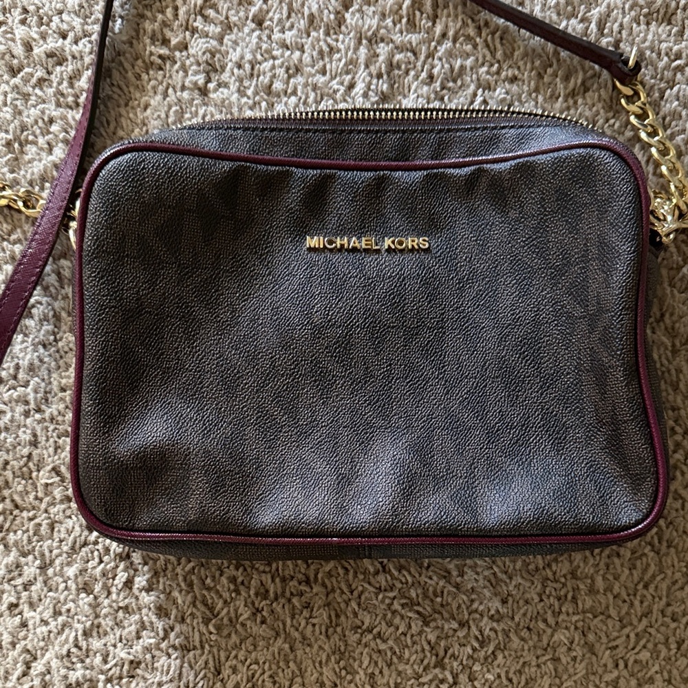 Michael Kors Brown Pebbled Leather Crossbody with Burgundy Trim